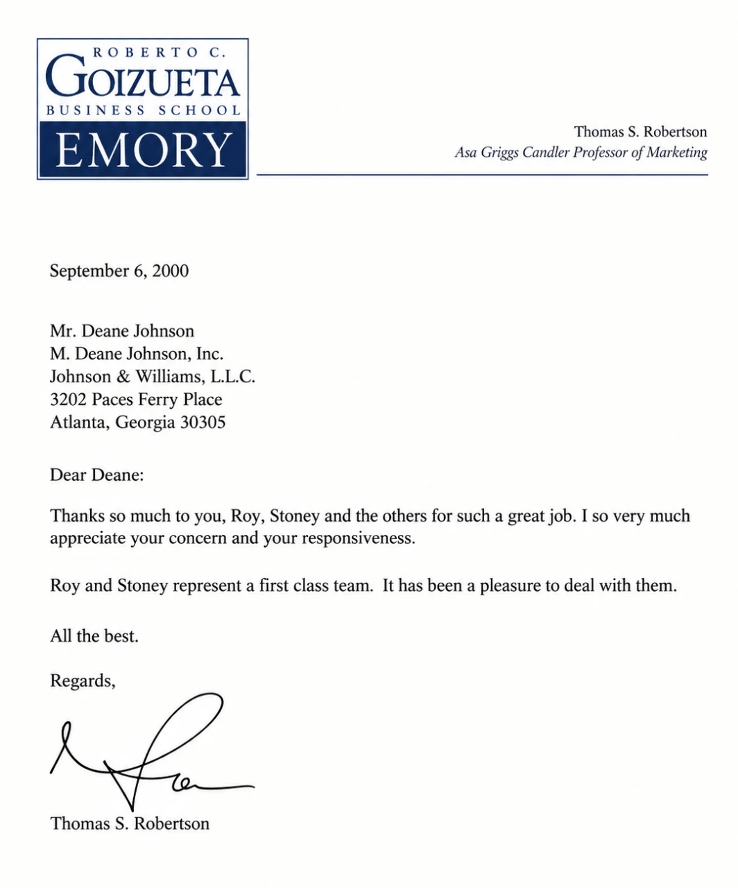 Letter from Thomas S. Robertson, Emory Goizueta Business School, to M. Deane Johnson, September 6, 2000