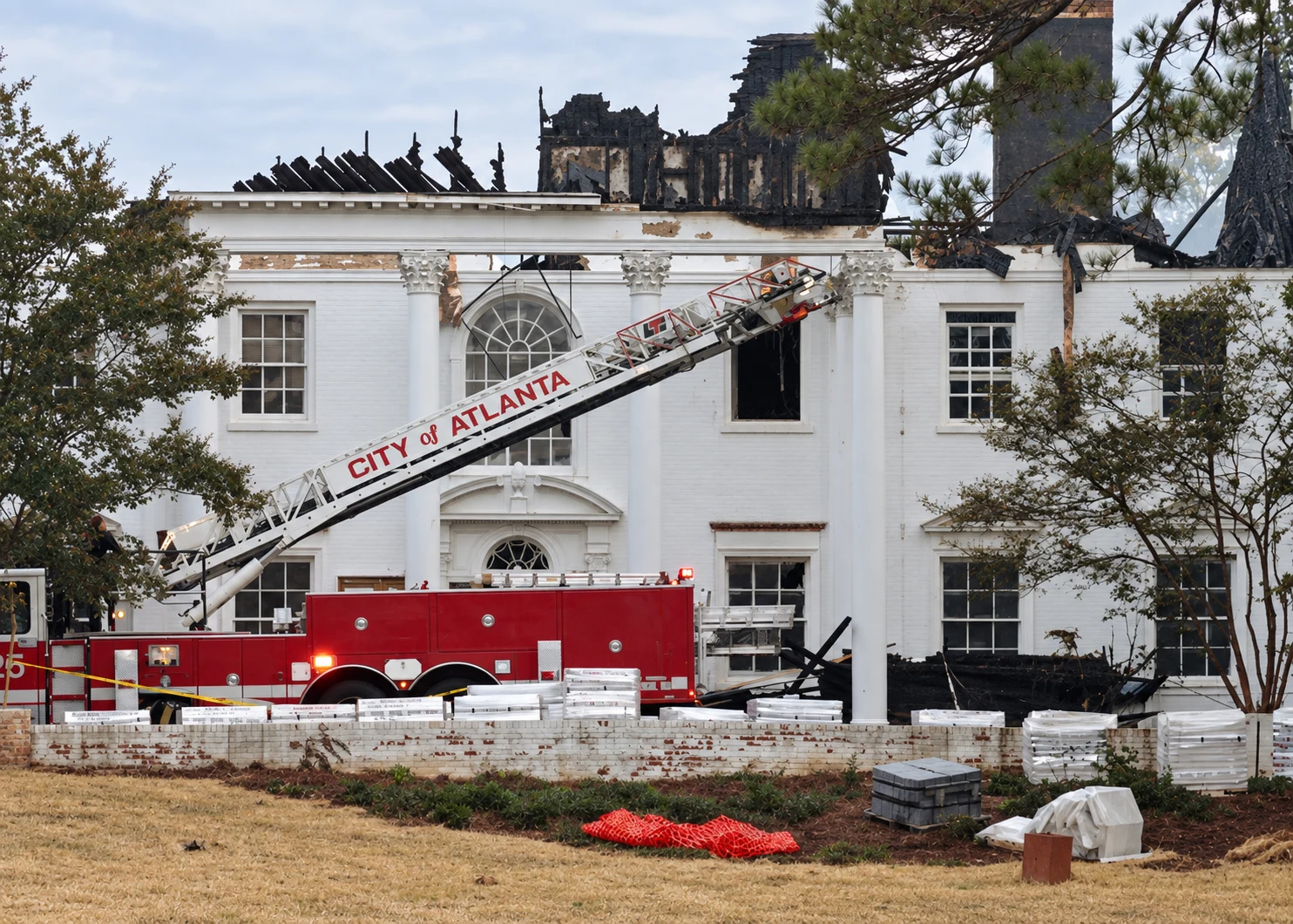 Buckhead estate during fire restoration, Atlanta Fire Department on site